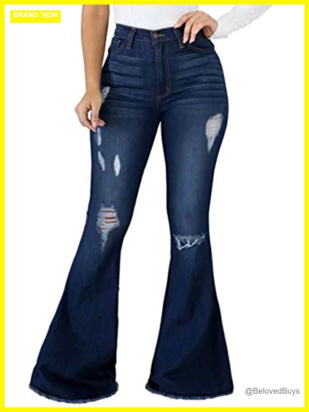 Women Bell Bottom Jeans Elastic Waist Ripped Flared Destroyed Raw Hem Denim